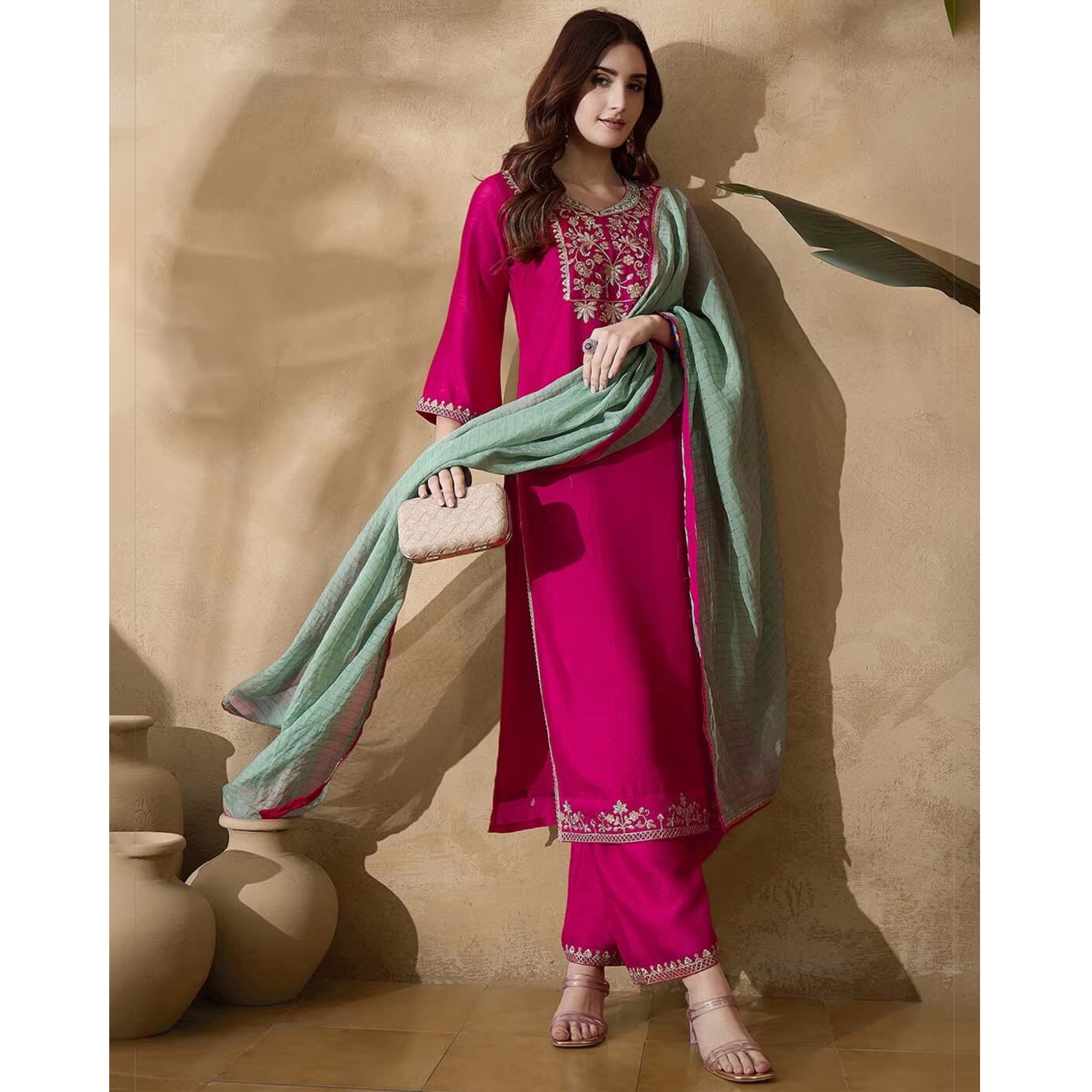 KVS FAB Women Embroidered Silk Blend Kurta Set
